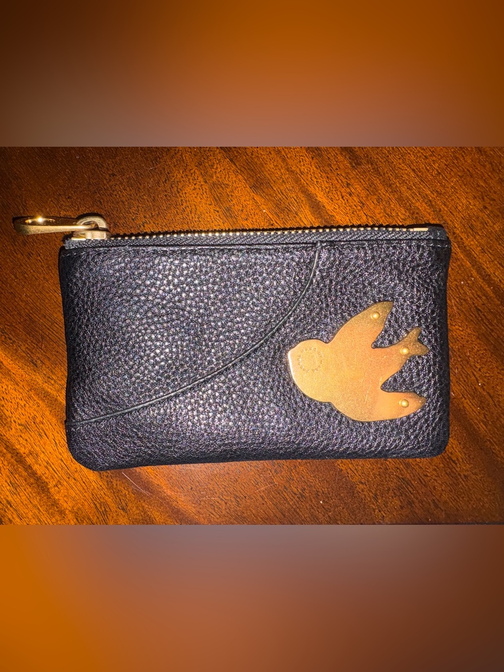 Marc Jacobs Black Pebbled Leather Zip Wallet with Gold Bird Accent